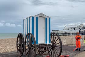 A bathing machine on Bognor Regis beach, returned as filming continues on Channel 4's The Great British Dig.