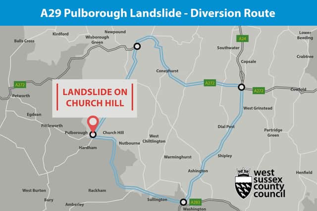 A map showing the diversion route put in place by West Sussex County Council following a landslide on the A29 at Pulbrough