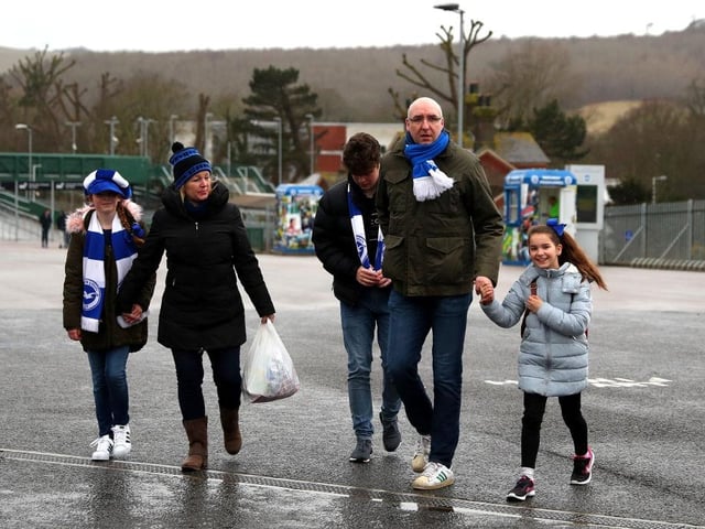 Brighton fans await kick off prior to the Premier League match between Brighton and Hove Albion and Arsenal at Amex Stadium on March 4, 2018.