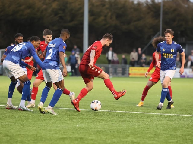 Action from Worthing and St Albans' nine-goal thriller in the National League South at Woodside Road