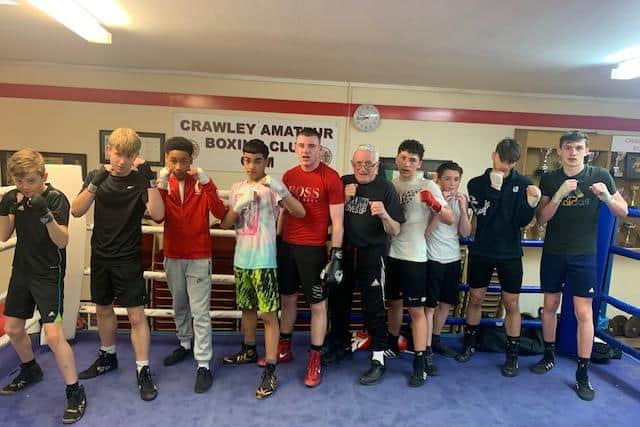 Crawley Boxing Club junior squad with Head Coach Paddy Harmey.