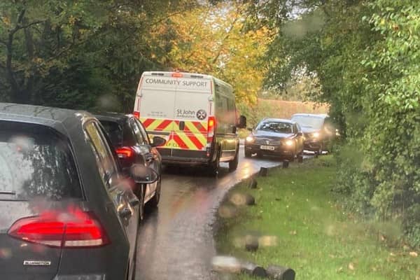 Chaos in Kent Street, Cowfold, at the weekend when the A272 was shut following a crash. Residents say it demonstrates the folly of plans for the road to be used by lorries during the construction of Rampion2 offshore wind farm