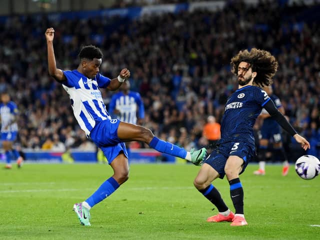 Simon Adingra struck the post for Brighton against Chelsea. (Photo by Justin Setterfield/Getty Images)