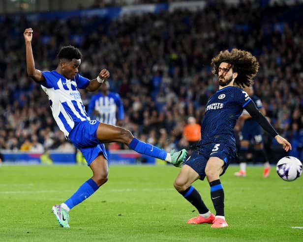 Simon Adingra struck the post for Brighton against Chelsea. (Photo by Justin Setterfield/Getty Images)