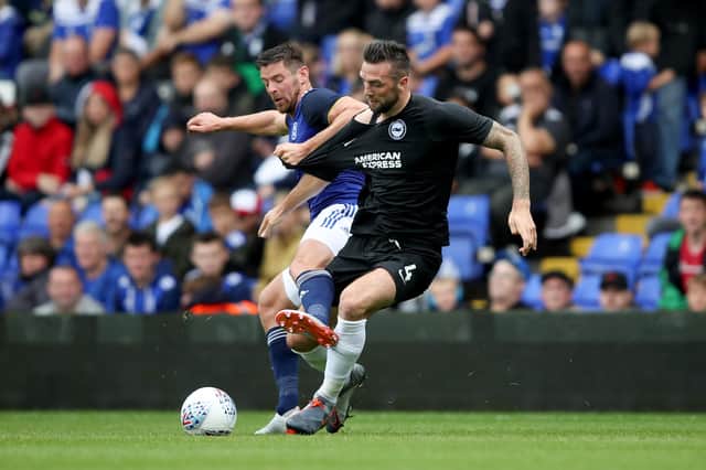 BIRMINGHAM, ENGLAND - JULY 27: Shane Duffy of Brighton and Hove Albion in action with Lukas Jutkiewicz of Birmingham City  during the Pre-Season Friendly match between Birmingham and Brighton and Hove Albion at St Andrews (stadium) on July 27, 2019 in Birmingham, England. (Photo by Marc Atkins/Getty Images)