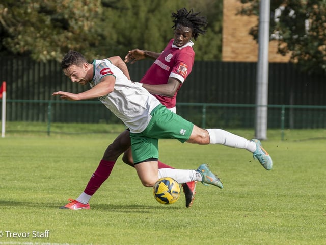Action from the Isthmian Premier Division match between Potters Bar Town and Bognor Regis Town. Pictures by Lyn and Trevor Phillips