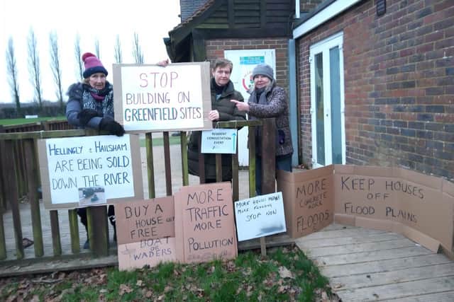A group of Hellingly residents displayed their disapproval of a plan for 130 new homes at Lower Horsebridge at a public consultation on Wednesday, January 17