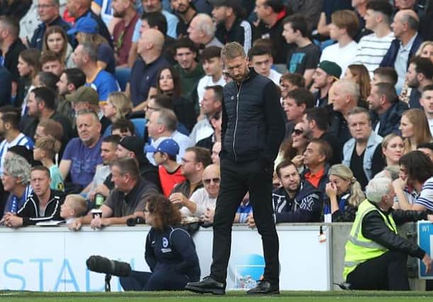 Chelsea Manager Graham Potter reacts during the Premier League match between Brighton & Hove Albion at the Amex Stadium