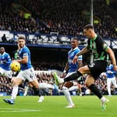 Lewis Dunk of Brighton & Hove Albion scores a goal that is later ruled offside during the Premier League match at Everton