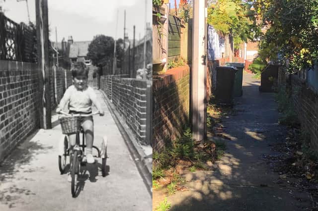 The back alley between St George's Road and Willowfield Road in 1959 and 2022 (photo from Pete Coxon)