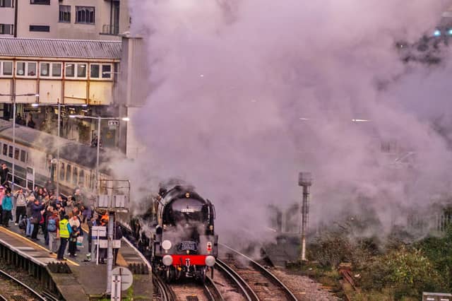 The Christmas Sussex Belle, Merchant Navy Class 35028 Clan Line, leaves Hastings Railway Station on November 19 2025. Pic by Brian Bailey.