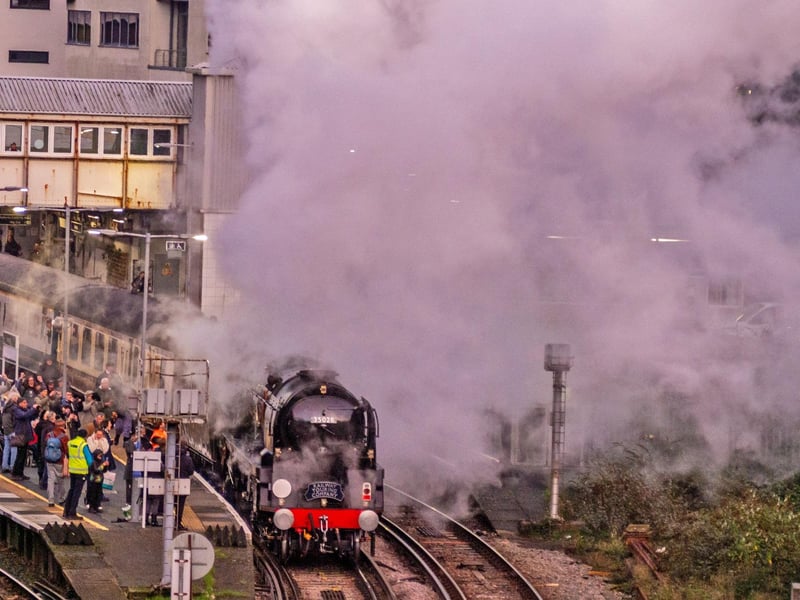 The Christmas Sussex Belle, Merchant Navy Class 35028 Clan Line, leaves Hastings Railway Station on November 19 2025. Pic by Brian Bailey.