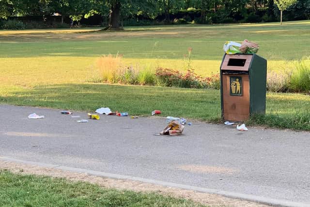 Litter overflowing from park bins after the heatwave. Credit: Paul Foote