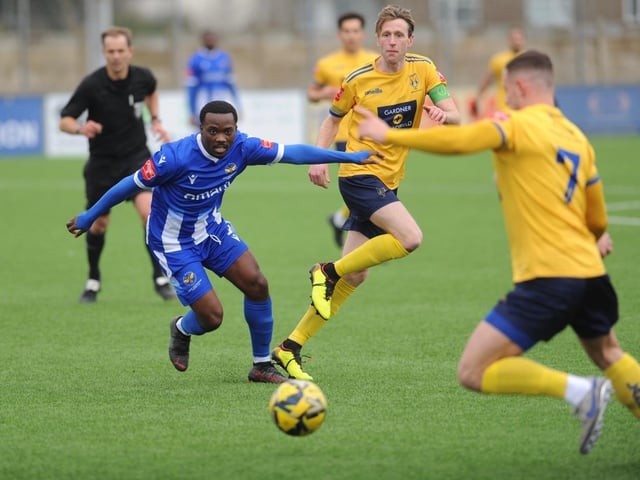 Action from Lancing FC's 1-0 home loss to East Grinstead Town in the Isthmian south east division