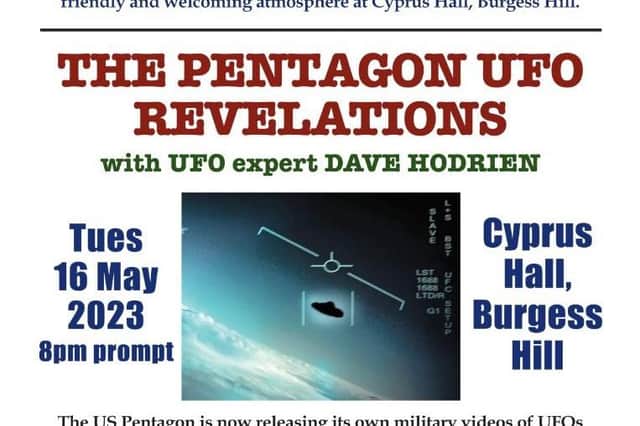LECTURE ON THE PENTAGON UFO REVELATIONS – Renowned UFO expert speaks at Burgess Hill, Tues 16 May 2023