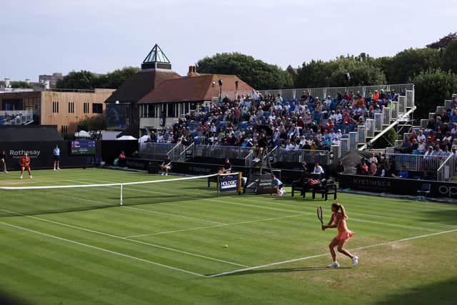 A general view of the action between Camila Giorgi of Italy and Ons Jabeur of Tunisia during their second round women's singles match at the Rothesay International Eastbourne at Devonshire Park,Eastbourne (Photo by Charlie Crowhurst/Getty Images for LTA)