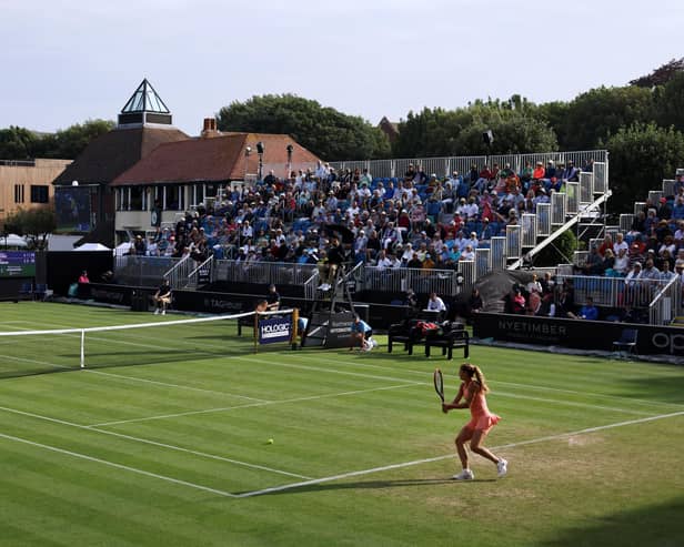 A general view of the action between Camila Giorgi of Italy and Ons Jabeur of Tunisia during their second round women's singles match at the Rothesay International Eastbourne at Devonshire Park,Eastbourne (Photo by Charlie Crowhurst/Getty Images for LTA)