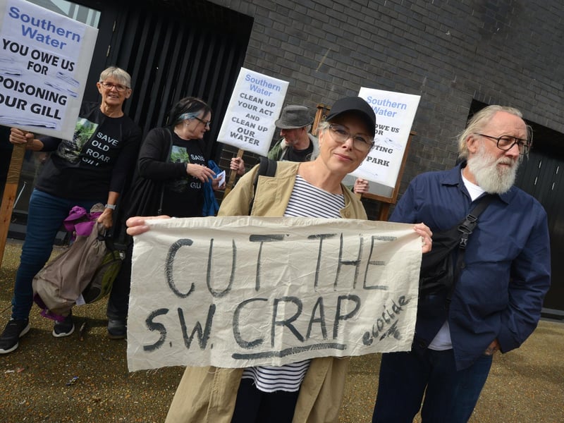 Protest outside Southern Water's Your Water Matters event in Hastings Old Town on October 12 2023.