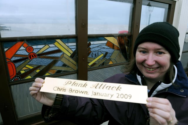 Artist Chris Brown at the launch of the Plank Attack stained glass windows on Worthing Pier in January 2009