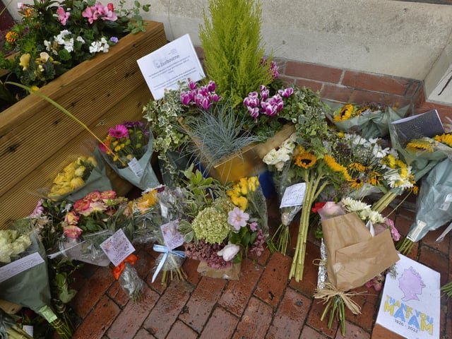 Floral tributes at the Town Hall to the Queen (Photo by Jon Rigby)