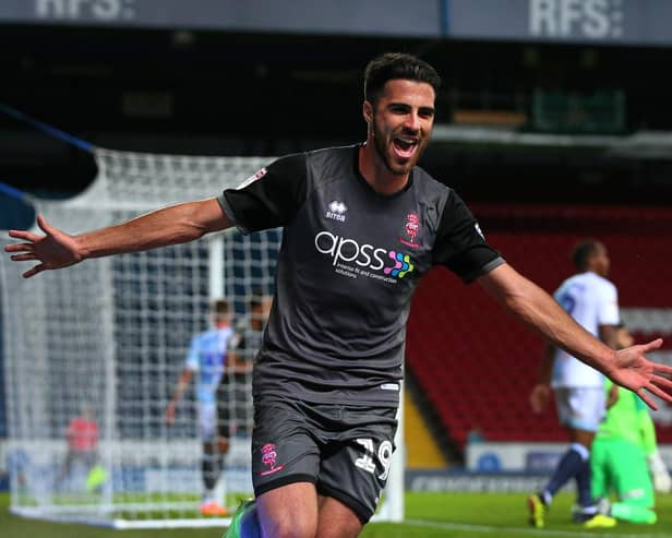 Joan Luque Celebrates after scoring for Lincoln City during the Carabao Cup Second Round match between Blackburn Rovers and Lincoln City at Ewood Park on August 28, 2018 in Blackburn, England.  (Photo by Alex Livesey/Getty Images)
