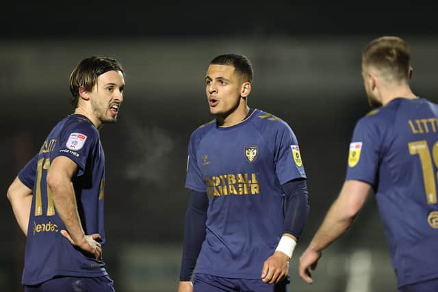 Ali Al-Hamadi (centre) has shone for AFC Wimbledon since signing in January. Picture by Pete Norton/Getty Images