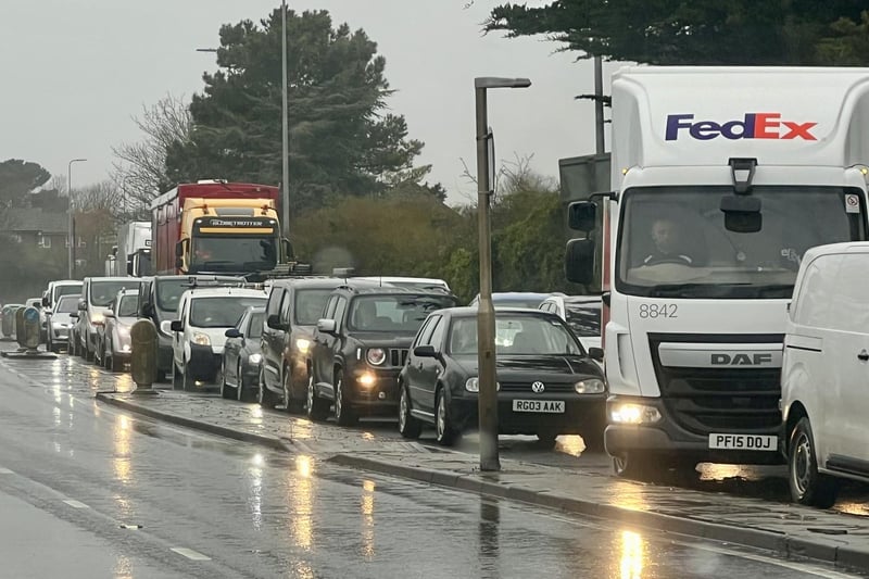 Traffic has been reduced to one lane, with dozens of cones in place, on the A27 eastbound – just past Lancing roundabout.