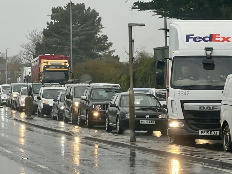 Traffic has been reduced to one lane, with dozens of cones in place, on the A27 eastbound – just past Lancing roundabout.