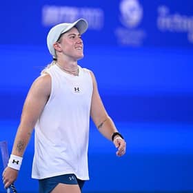 Britain's Sonay Kartal reacts after winning against Ukraine's Elina Svitolina during their women's singles quarter-final match at the Wuhan Open tennis tournament in Wuhan, China's Hubei province on October 16, 2026. (Photo by WANG Zhao / AFP via Getty Images)