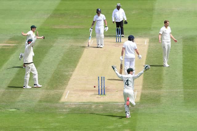 Jonny Bairstow of England is dismissed by Alex Carey during Day Five of the LV= Insurance Ashes 2nd Test match between England and Australia at Lord's (Photo by Gareth Copley/Getty Images)