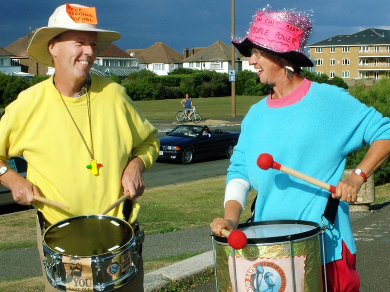 Celebration Samba founders Ivan and Janice Mitchell in 2006, supporting Worthing's Save Our Hospital campaign