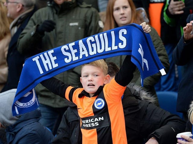 A young Brighton fan attends the FA Cup fourth round football match between Brighton & Hove Albion and Arsenal at The American Express Community Stadium on January 25, 2015.