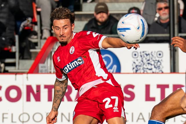 Dylan Morgan bends in the cross for Gianmarco Di Biase for Crawley Town's second goal in the 2-2 draw with Chesterfield at the Broadfield Stadium on Saturday, October 10. Photo: CTFC