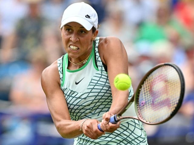 US player Madison Keys returns to Russia's Daria Kasatkina during their women's singles final tennis match at the Rothesay Eastbourne International tennis tournament in Eastbourne, southern England, on July 1, 2023. (Photo by Glyn KIRK / AFP) (Photo by GLYN KIRK/AFP via Getty Images):Action from Saturday's finals at the Rothesay tennis international at Devonshire Park, Eastbourne