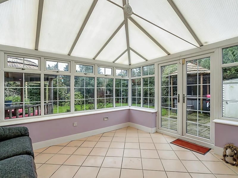 The conservatory, with a partial view of the garden.