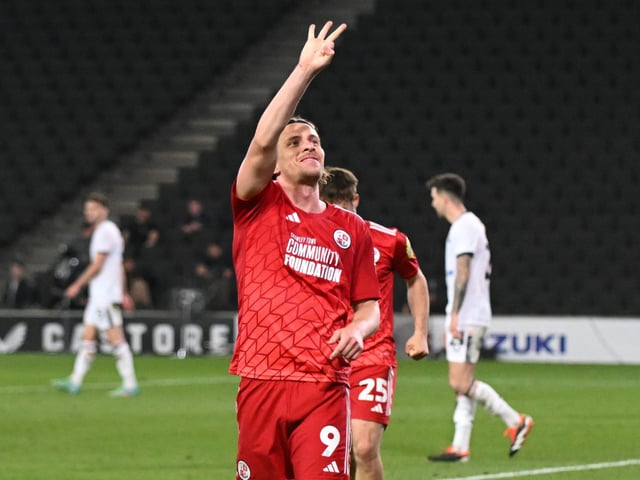 GOAL Crawley Town forward Danilo Orsi (9) scores a hat trick and holds up three fingers in celebration 1-5 during the EFL Sky Bet League 2 play-off second leg match between Milton Keynes Dons and Crawley Town at stadium:mk, Milton Keynes, England on 11 May 2024.:Crawley Town hammered MK Dons 5-1 - and 8-1 on aggregate - to reach the League Two play-off final Wembley. Photographer Dennis Goodwin/Pro Sport Images was there to catch the action, the crowd and the celebrations