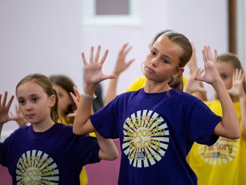 Chloe Robinson and Sienna Rodriguez in WMTC's Charlie rehearsals (Oompa Loompas in Team Marshmallows)