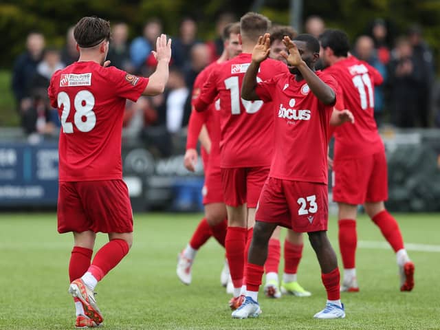 Worthing celebrate a goal against Braintree - but it ended 4-3 to the Essex visitors after extra time | Picture: Mike Gunn