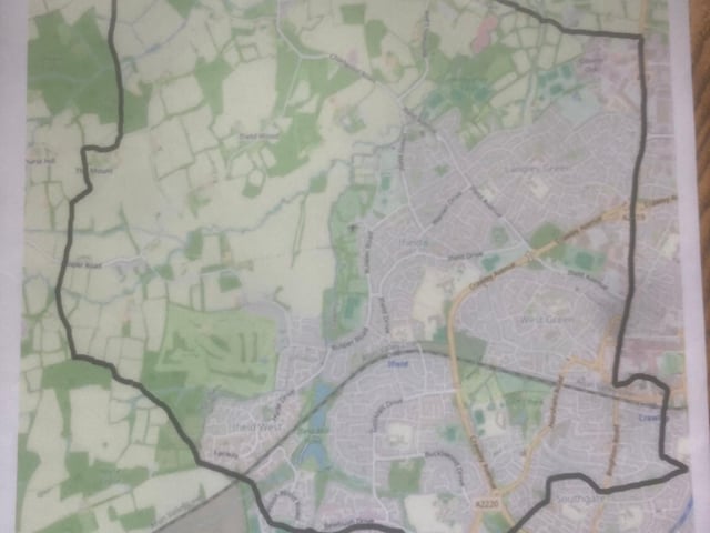 Ancient Parish of Ifield [boundary outlined in black] - showing Ifield Brook Meadows Local Green Space [LGS] and Crawley Millennium Greenway in the geographical centre - with Ifield Brook running north-south]