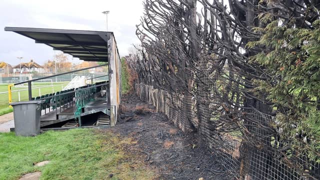 Children were ‘sitting in the stand for a debrief session’ when a large fire broke out at a football club in East Sussex – with the incident being treated as arson.