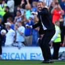 Brighton and Hove Albion head coach Graham Potter celebrates Brighton's Premier League victory against Leicester