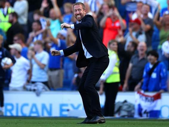 Brighton and Hove Albion head coach Graham Potter celebrates Brighton's Premier League victory against Leicester