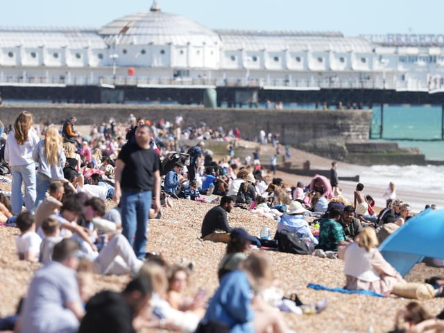 Brighton beach is busy today (April 7, 2026) on what is the hottest day of the year so far