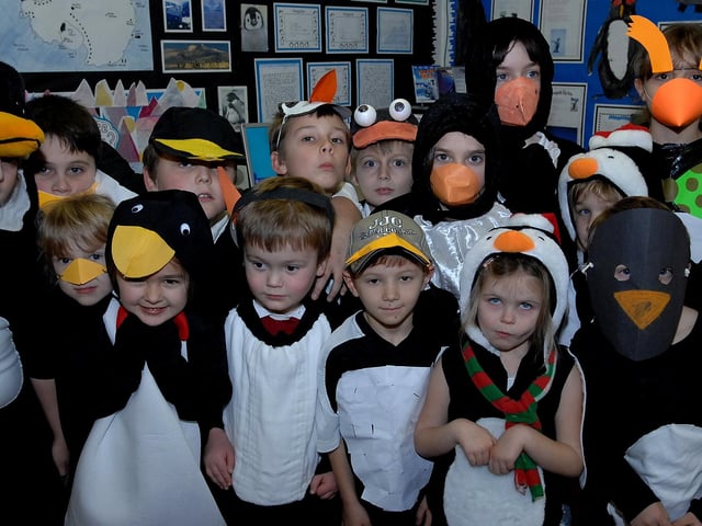 A huddle of penguins learning about global warming and its effect on the Antarctic in 2007