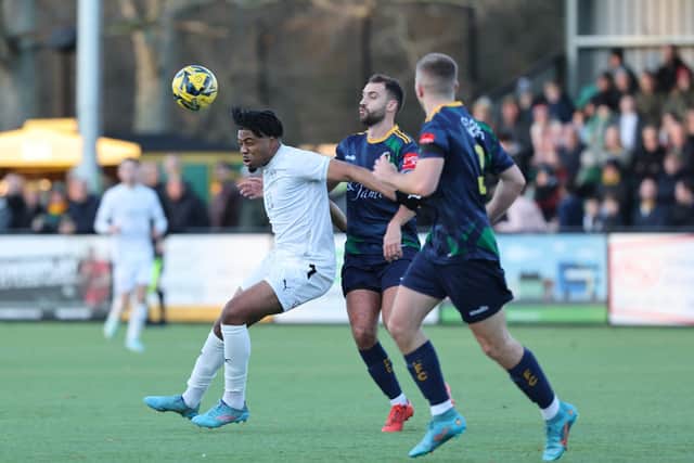Jahmal Hector-Ingram in action for Hastings United at Horsham | Picture: Scott White