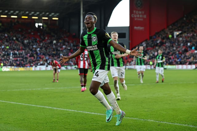 SHEFFIELD, ENGLAND - FEBRUARY 18: Simon Adingra of Brighton & Hove Albion celebrates scoring his team's fourth goal during the Premier League match between Sheffield United and Brighton & Hove Albion at Bramall Lane on February 18, 2024 in Sheffield, England. (Photo by David Rogers/Getty Images)