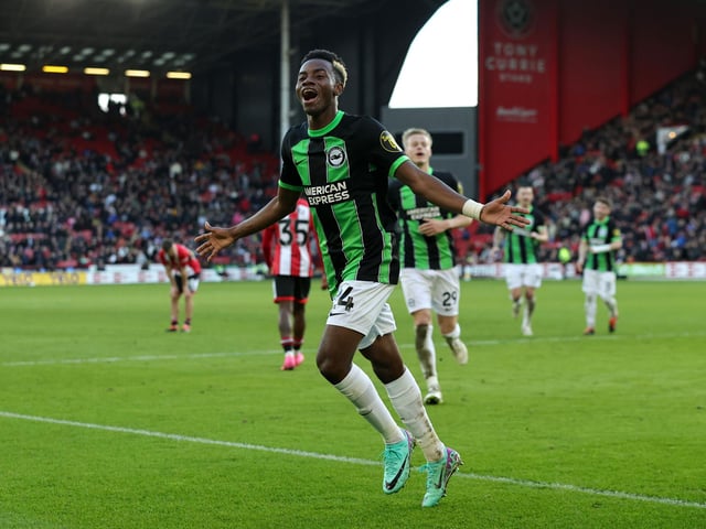 SHEFFIELD, ENGLAND - FEBRUARY 18: Simon Adingra of Brighton & Hove Albion celebrates scoring his team's fourth goal during the Premier League match between Sheffield United and Brighton & Hove Albion at Bramall Lane on February 18, 2024 in Sheffield, England. (Photo by David Rogers/Getty Images)