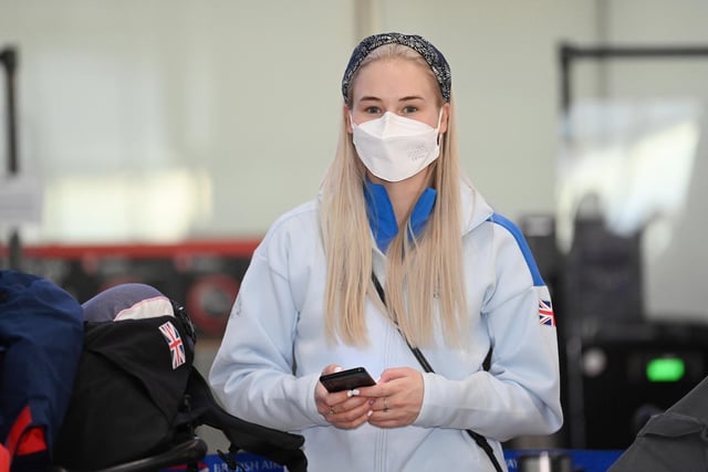LONDON, ENGLAND - JANUARY 27: Snowboarder Katie Ormerod looks on  as Team GB Athletes depart for Beijing ahead of the 2022 Winter Olympics at Heathrow Airport on January 27, 2022 in London, England. (Photo by Alex Davidson/Getty Images)