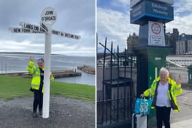 Carol at John O'Groats (L) and at Edinburgh Waverley railway station (R). Photo: contributed