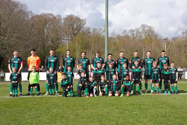 Burgess Hill Town and their mascots before the home clash with Three Bridges | Picture: Chris Neal